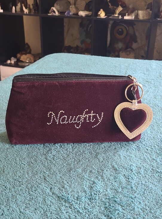un branded Handbags - Velvet 'Naughty' Wristlet Cosmetic Pouch with Heart Charm - Burgundy